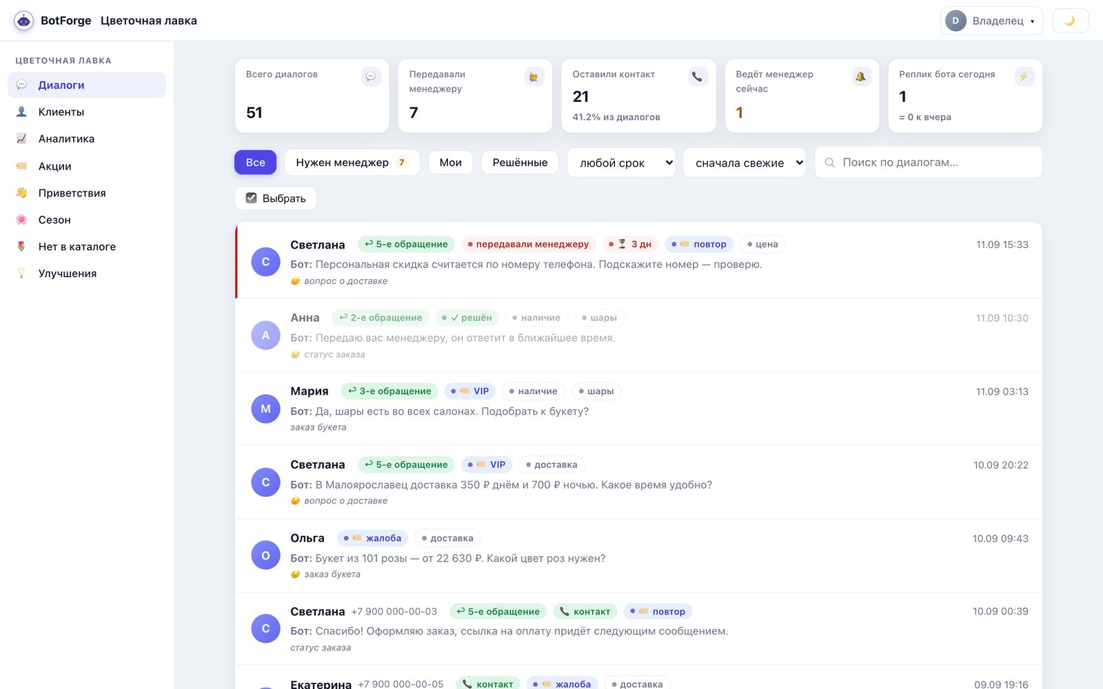Список диалогов цветочного магазина в приложении BotForge